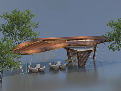 Modern Copper Roof Pergola With Open Structure Seating Area And Green Trees 3d model
