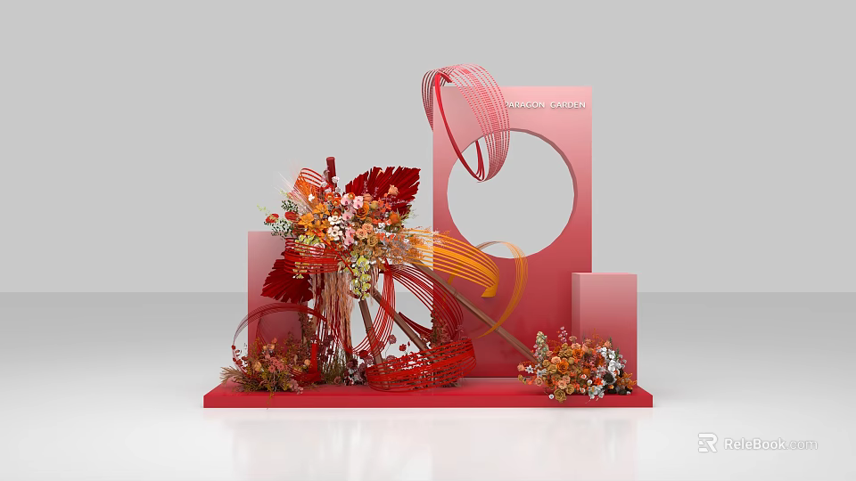 Creative Red Art Installation With Curved Structures Circular Frame And Floral Decorations On Geometric Base 3d model 