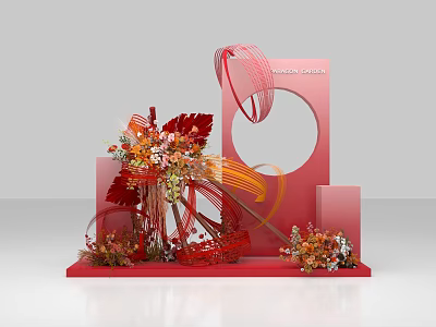 Creative Red Art Installation With Curved Structures Circular Frame And Floral Decorations On Geometric Base 3d model