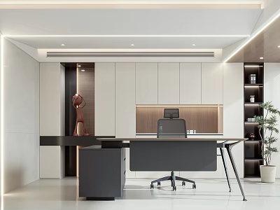 Modern Office Interior Design With Sleek Desk Ergonomic Chair Cabinets And Decorative Plant 3d model