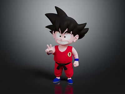 Goku Character With Spiky Black Hair In Red Martial Arts Uniform Making Peace Sign Gesture 3d model