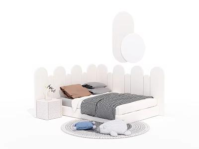 Kids Bed With White Cloud Shaped Headboard Pillows Checkered Quilt Nightstand Plush Toys On Rug 3d model