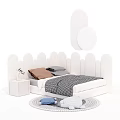 Kids Bed With White Cloud Shaped Headboard Pillows Checkered Quilt Nightstand Plush Toys On Rug