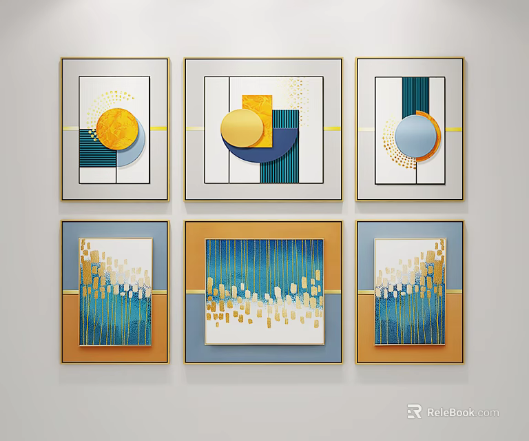 Modern Abstract Decorative Paintings With Geometric Shapes Yellow Blue Green And Golden Frames 3d model 