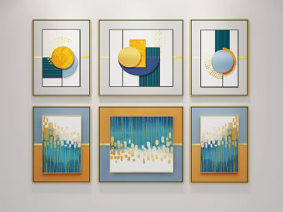 Modern Abstract Decorative Paintings With Geometric Shapes Yellow Blue Green And Golden Frames 3d model
