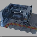 Spacecraft Interior Module With Metal Grid Floor And Red Yellow Warning Stripes Astronaut Workspace Design