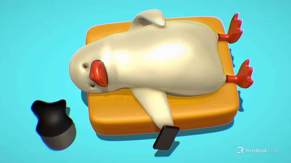 White Cartoon Duck Lying On Orange Mat With Black Cup And Phone 3d model 