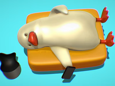 White Cartoon Duck Lying On Orange Mat With Black Cup And Phone 3d model