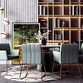 Modern Dining Table Set With Light Green Fabric Chairs Wooden Wall And Pendant Light
