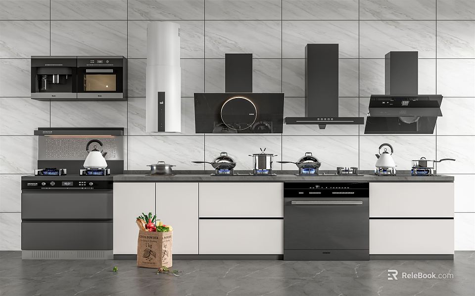 Modern Kitchen With Black Appliances White Cabinets Countertop Utensils And Vegetable Basket 3d model 