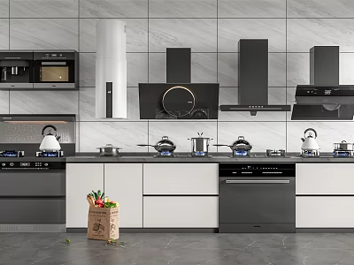 Modern Kitchen With Black Appliances White Cabinets Countertop Utensils And Vegetable Basket 3d model