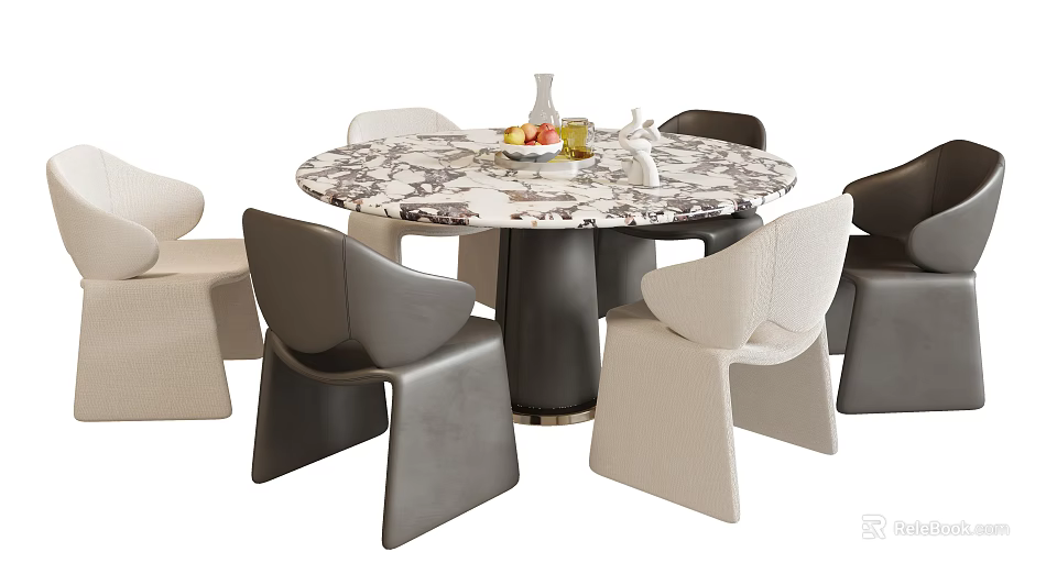Elegant Dining Table Set With Marble Top Gray Beige Chairs Fruit Platter And Vase 3d model
