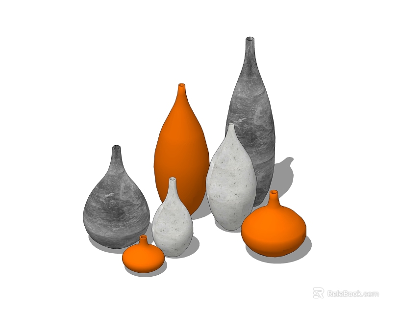 Decorative Ceramic Vessels in Orange Gray and White with Various Shapes and Sizes 3d model 