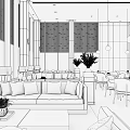 Modern Hotel Public Lounge Area With Beige Sofa Gray Blue Cushions Green Plants Large Windows