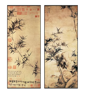New Chinese Plant Painting Traditional Zen Ink Bamboo Pattern Hanging Painting Combination 3d model