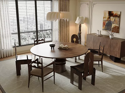Elegant Round Wooden Dining Table Set With Chairs And Pendant Light On Rug 3d model
