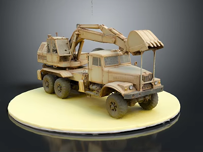 Vintage Multi Wheel Functional Vehicle Model With Excavator Bucket On Base 3d model