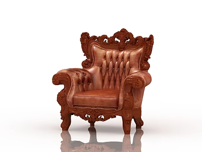 Vintage Single Sofa in Brown Leather with Carved Wooden Frame and Ornate Embossed Details 3d model