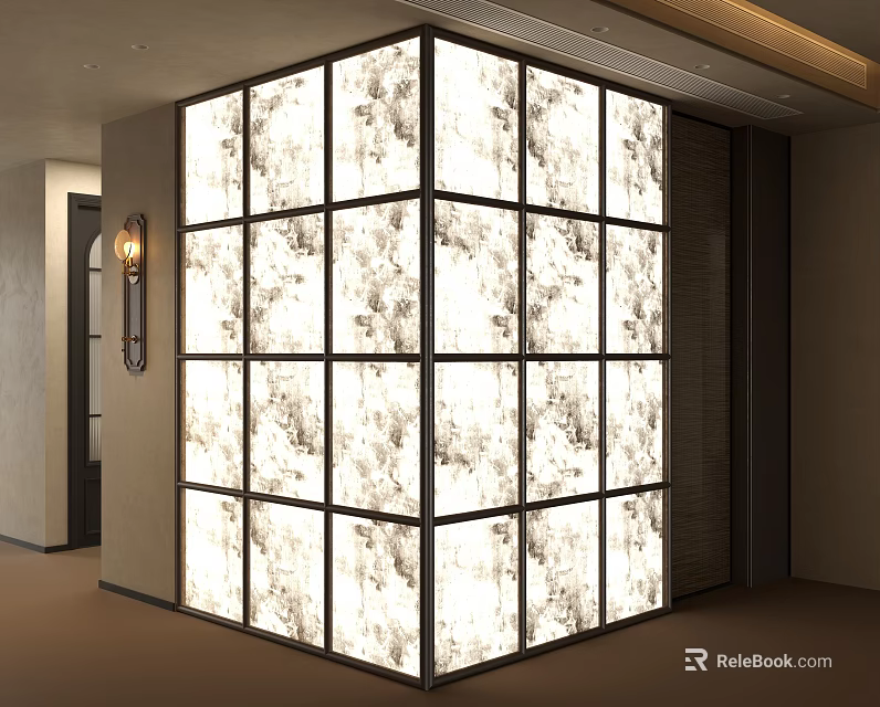 Modern Glass Room Divider With Black Grid Frame And Light Transmitting Design 3d model