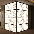 Modern Glass Room Divider With Black Grid Frame And Light Transmitting Design 3d model