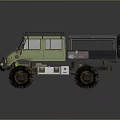 Green Off Road Vehicle With Roof Rack Large Tires And Open Cargo Bed