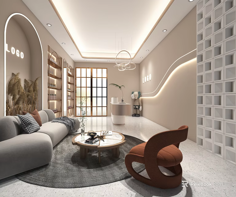 Modern Front Desk Reception Area Featuring Gray Sofa Round Coffee Table Large Window And Bookshelf 3d model