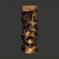 Fantasy Cave Scene with Rock Formations Blue Glowing Lights Green Fabric Ladders and Wooden Barrels