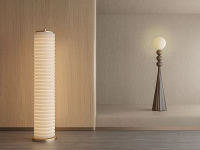 Modern Floor Lamps With White Cylindrical Ribbed Design And Black Conical Base 3d model