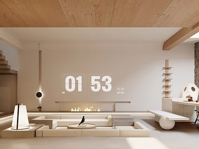 Modern Minimalist Basement Interior With Fireplace And Sofas 3d model