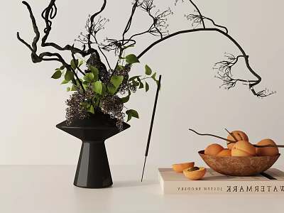 Modern Decorative Ornament Set With Black Vase Branches Green Leaves Fruit Bowl And Book 3d model