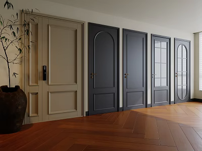 Stylish Hinged Doors In Various Designs For Modern Interior With Wooden Flooring 3d model