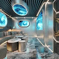 Modern KTV Interior With Deep Blue Circular Window Like Screens Black Walls And Ambient Lighting