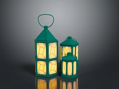 Green Decorative Lantern Furniture With Various Sizes Metal Frame And Glass Panels 3d model