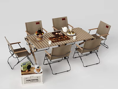 Outdoor Wooden Table With Folding Chairs Tea Set Fruit Basket And Storage Crate 3d model