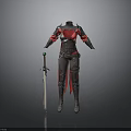 Female Warrior Armor with Red and Black Design Detailed 3D Model and Sword