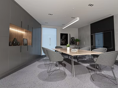 Modern Meeting Room Interior With Long Table Gray Chairs Modern Lighting And Green Plants 3d model