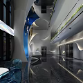 Modern Elegant Reception Desk Interior Design With Blue White Accents And Glass Walls Lighting
