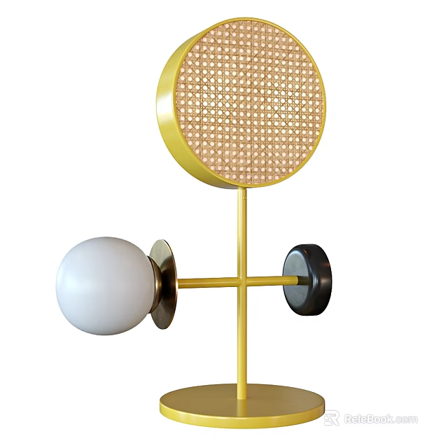 Modern Table Lamp With Golden Stand Woven Circular Lampshade White And Dark Spherical Decor 3d model 