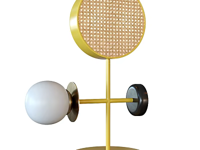 Modern Table Lamp With Golden Stand Woven Circular Lampshade White And Dark Spherical Decor 3d model