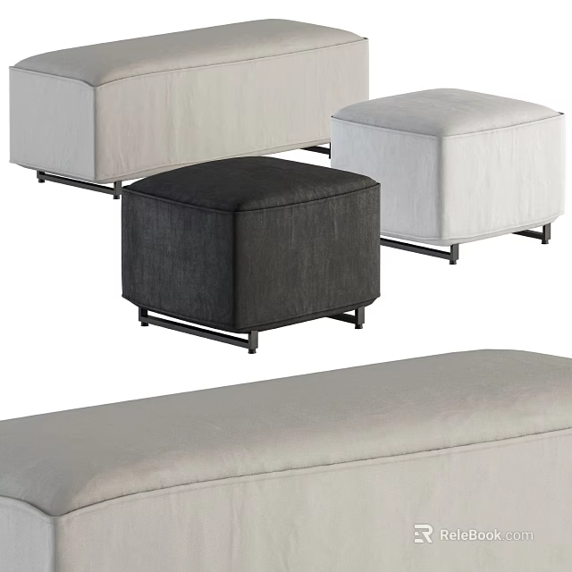 Contemporary Fabric Ottoman In Black White Gray With Square Shape And Metal Legs 3d model 