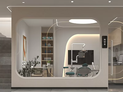 Hospital Outpatient Clinic Interior Featuring Open Window Medical Equipment Seating Shelves And Greenery 3d model