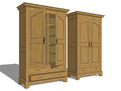 Traditional Wooden Wardrobes With Double Doors Glass Panels And Drawers For Home Storage 3d model