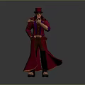 Steampunk Gentleman in Red Coat With Mechanical Raven and Cane Standing Confidently
