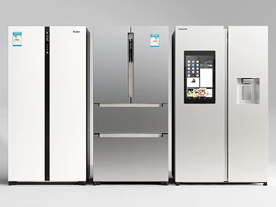 Modern Stainless Steel Refrigerators With Side By Side French Door And Water Dispenser Features 3d model