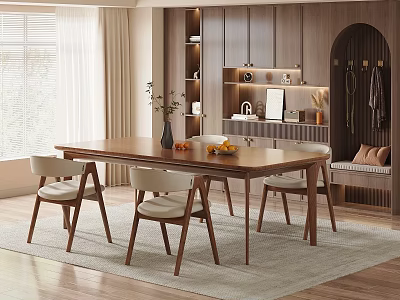 Modern Restaurant Interior Featuring Wooden Dining Table Chairs Vase And Open Concept Design 3d model