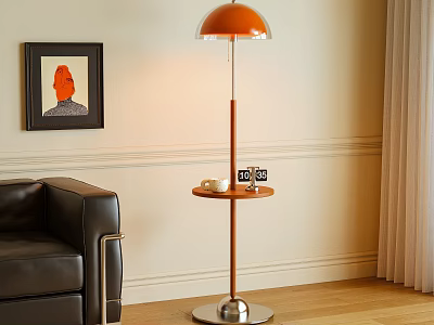 Modern Floor Lamp with Orange Shade Wooden Pole and Metal Base in Living Room 3d model