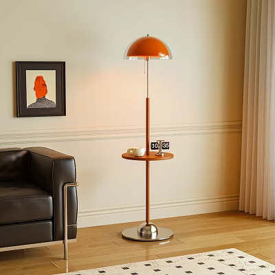 Modern Floor Lamp with Orange Shade Wooden Pole and Metal Base in Living Room 3d model