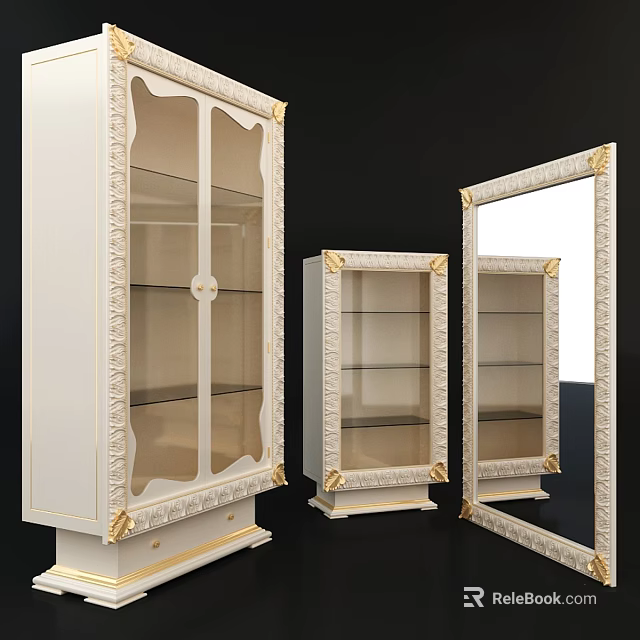 Elegant White Wardrobe with Glass Doors Gold Trim and Carved Wooden Details Design 3d model 