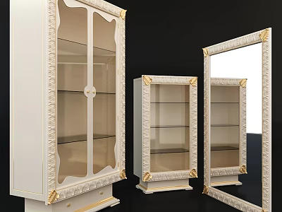 Elegant White Wardrobe with Glass Doors Gold Trim and Carved Wooden Details Design 3d model