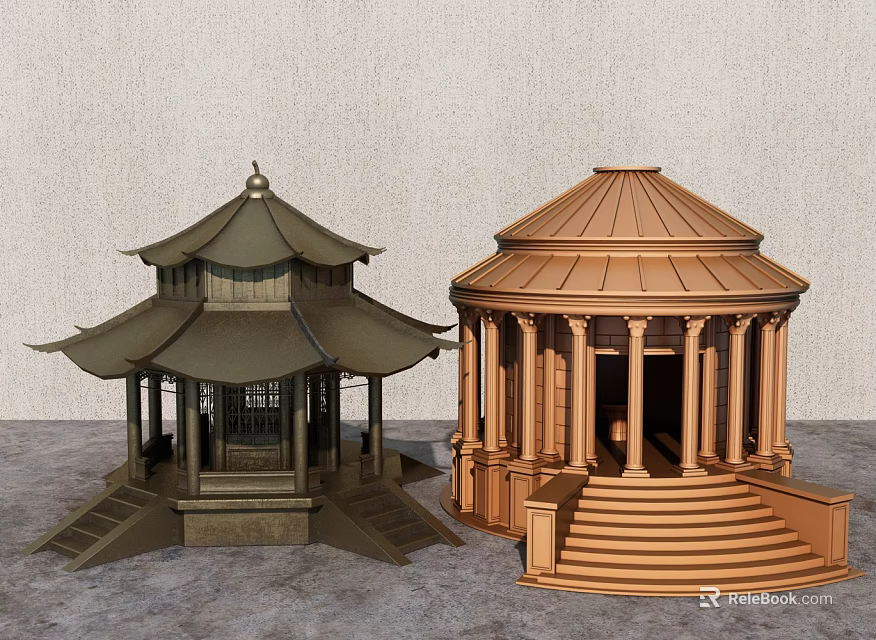 Chinese and Western Style Pavilions Featuring Classic Roofs and Columns Design 3d model 